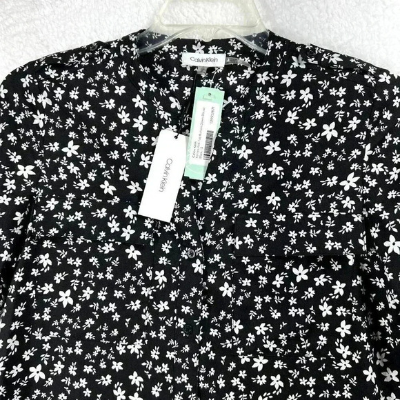 Calvin Klein Womens Blouse S Black White Floral Button Down Top Career Business - Picture 4 of 13